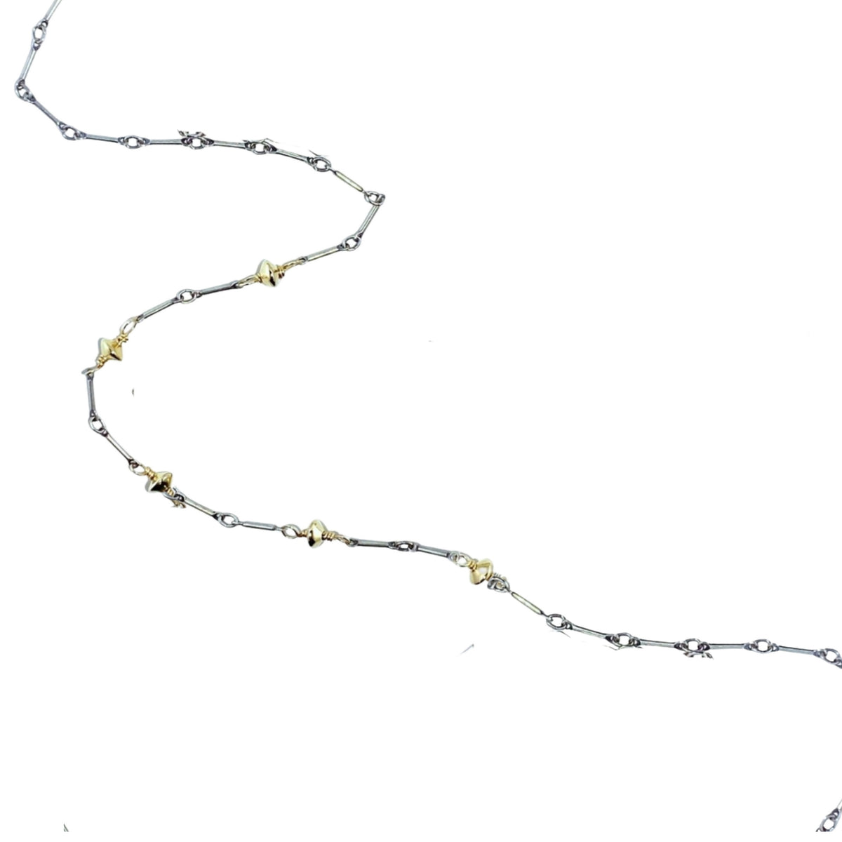 CUSTOM STERLING BAR CHAIN WITH FIVE GOLD FILL BEAD ACCENTS 24" LONG