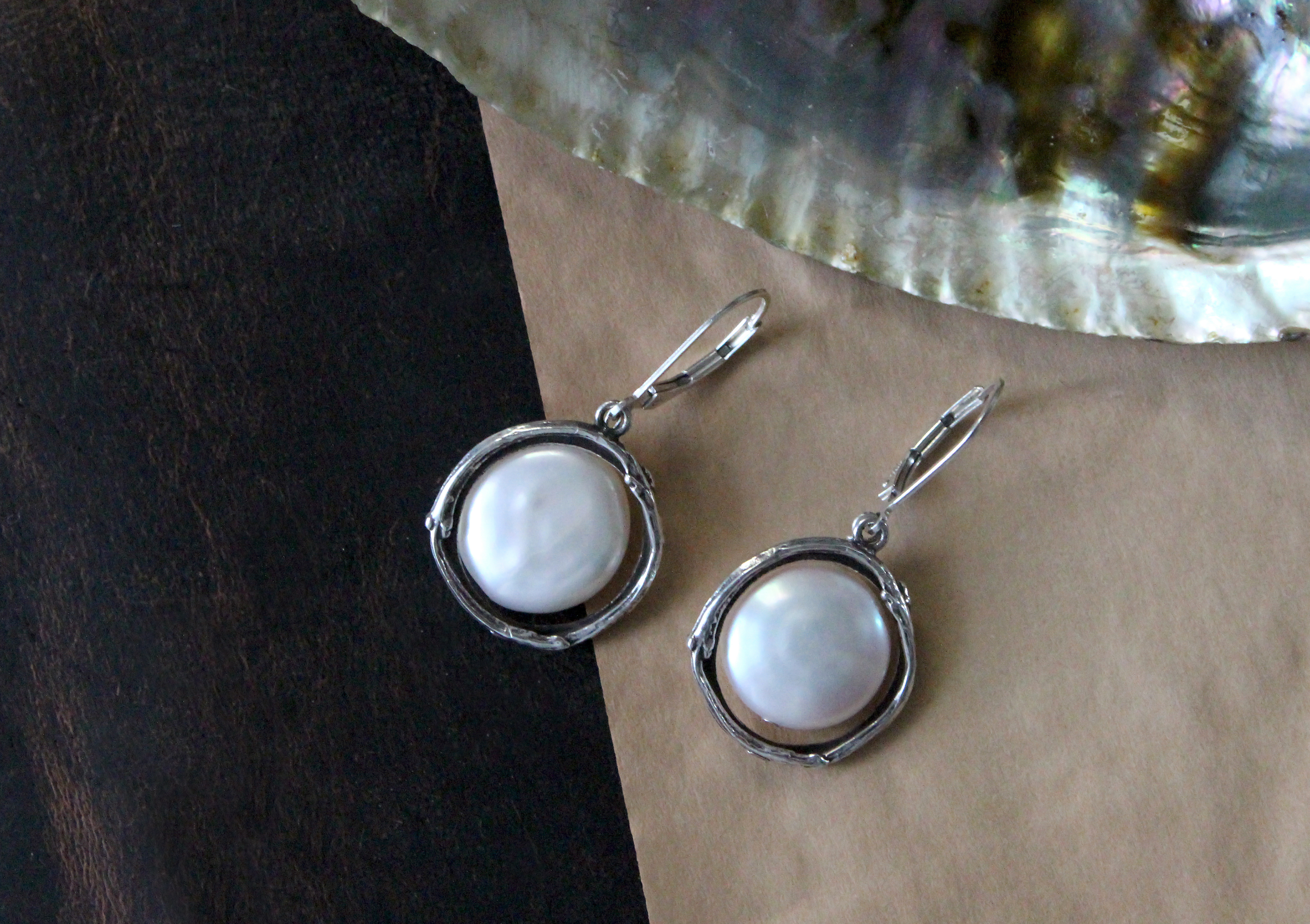 Freshwater Coin Pearls surround by sterling silver halo of branches
